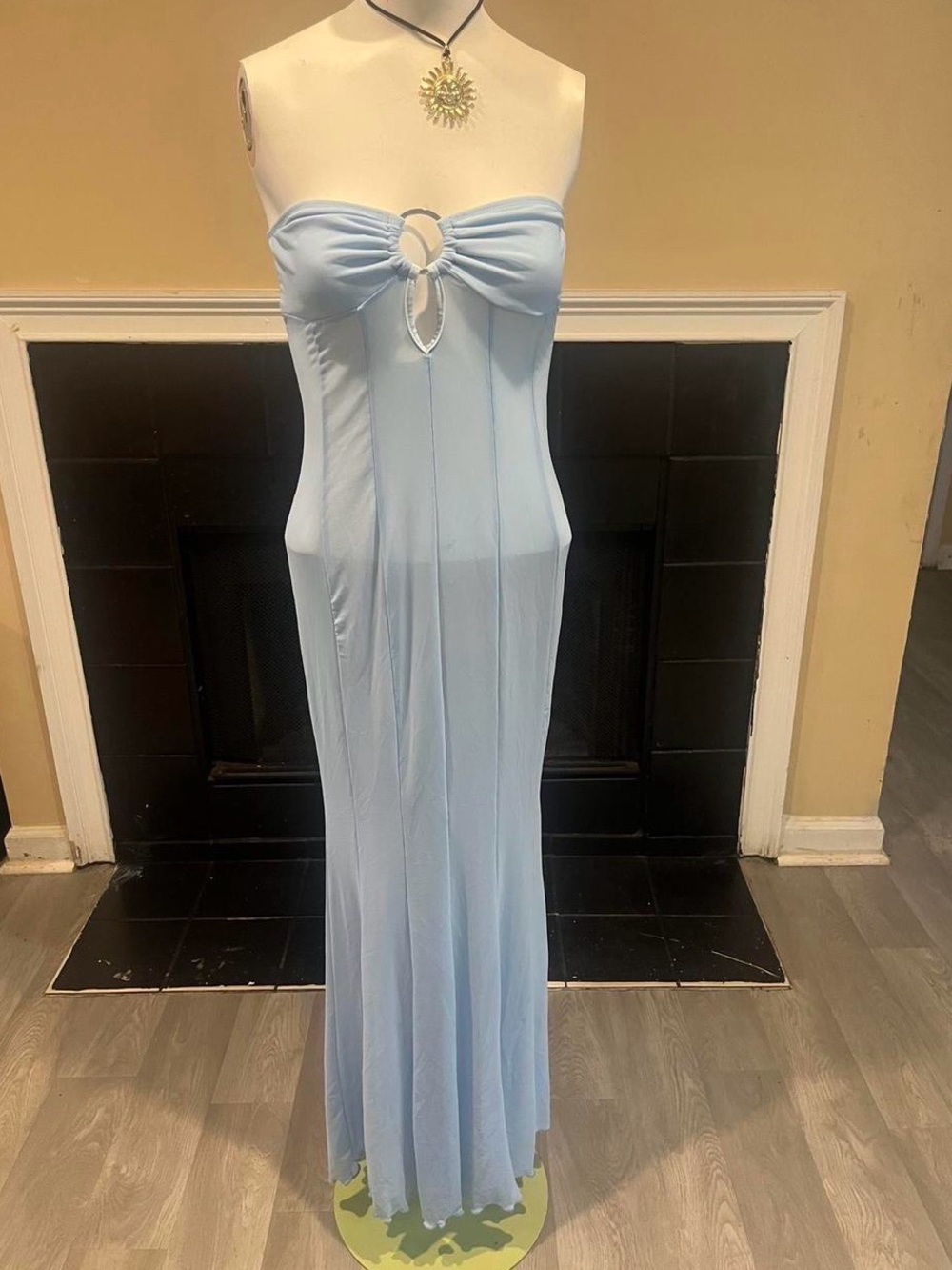SHEIN Baby Blue Strapless Maxi Coverup with Front Ring Vacation Resort Mermaid
